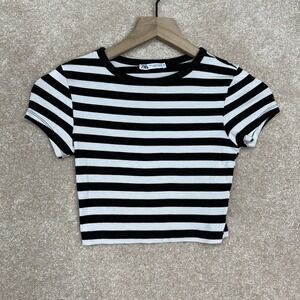 Zara Striped Knit Crop Top Womens‎ Size Medium Black White Stretch